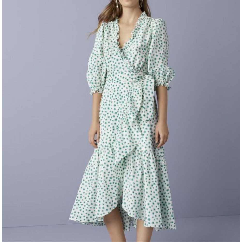 Rebecca Taylor Emerald Daisy Dress Ruffle Detail Wrap Green White Floral size 0